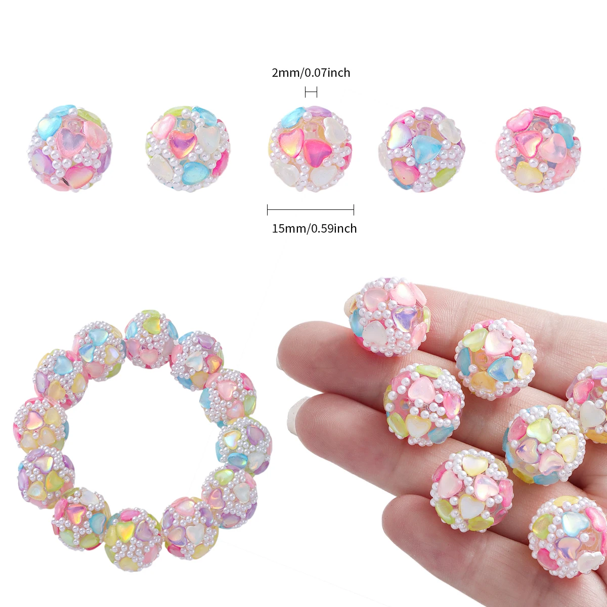 5/10pcs Color 15mm Inlaid Love Diamond Pearl Straight Hole Loose Bead DIY Fashion Bracelet Keychain Bead Pen Accessories