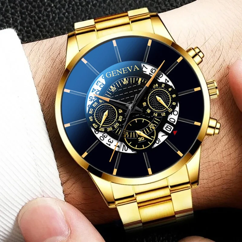 3PCS Set Fashion Mens Business Watches Men Casual Gold Bracelet Necklace Stainless Steel Quartz Wrist Watch Relogio Masculino