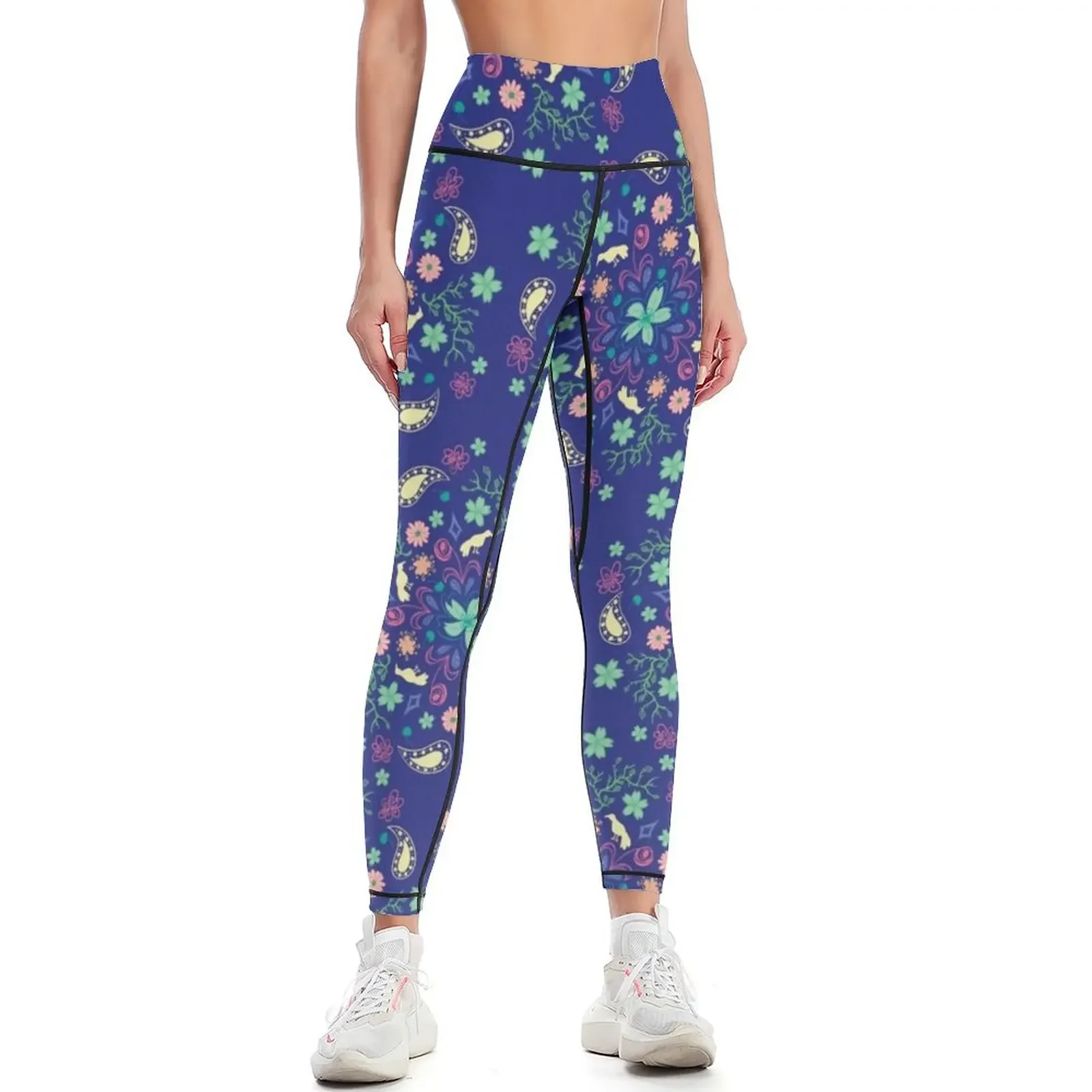 Sakura Cherry Blossom Blue and Green Floral Pattern Leggings legging gym sportswear gym gym clothing Womens Leggings