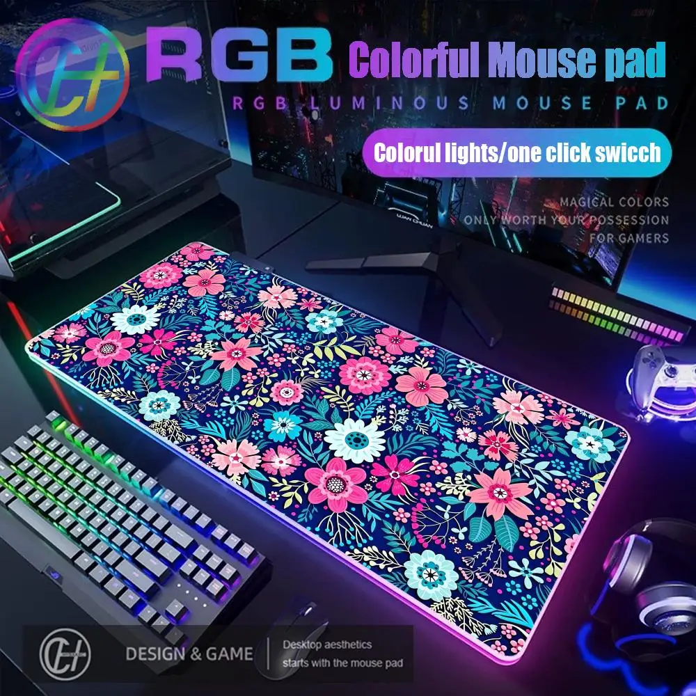 

Colorful Flower Aesthetic Mouse Pad RGB Gaming Mouse Pad Desk Mat HD Gamer Large LED Light XXL MousePads PC Computer Carpet