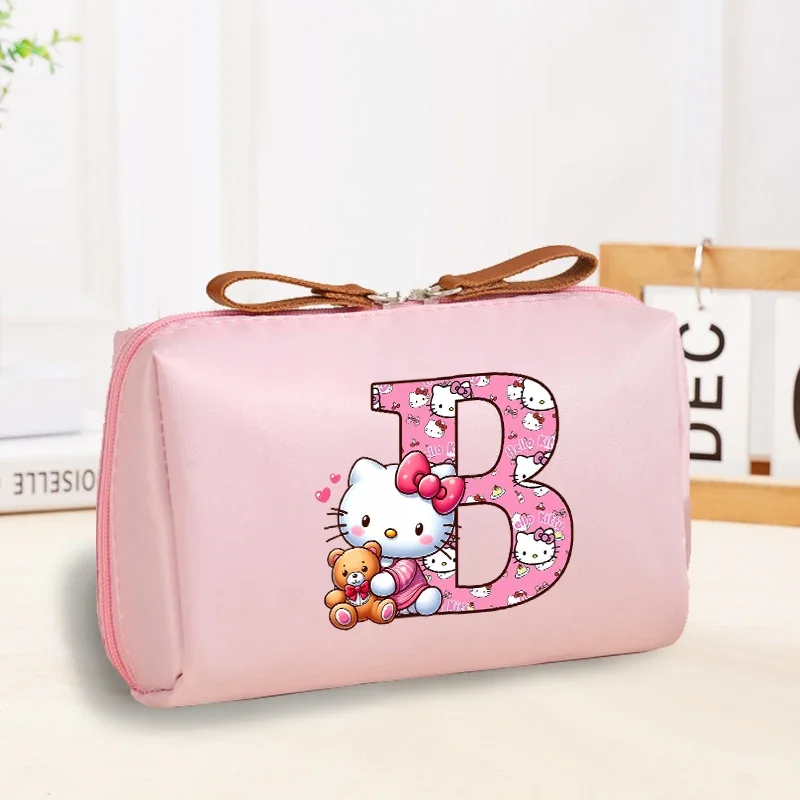 Sanrio Cosmetic Bag Hello Kitty Letter A-Z Printed Women Solid Color Makeup Bags Pouch Toiletry Waterproof Travel Zipper Handbag