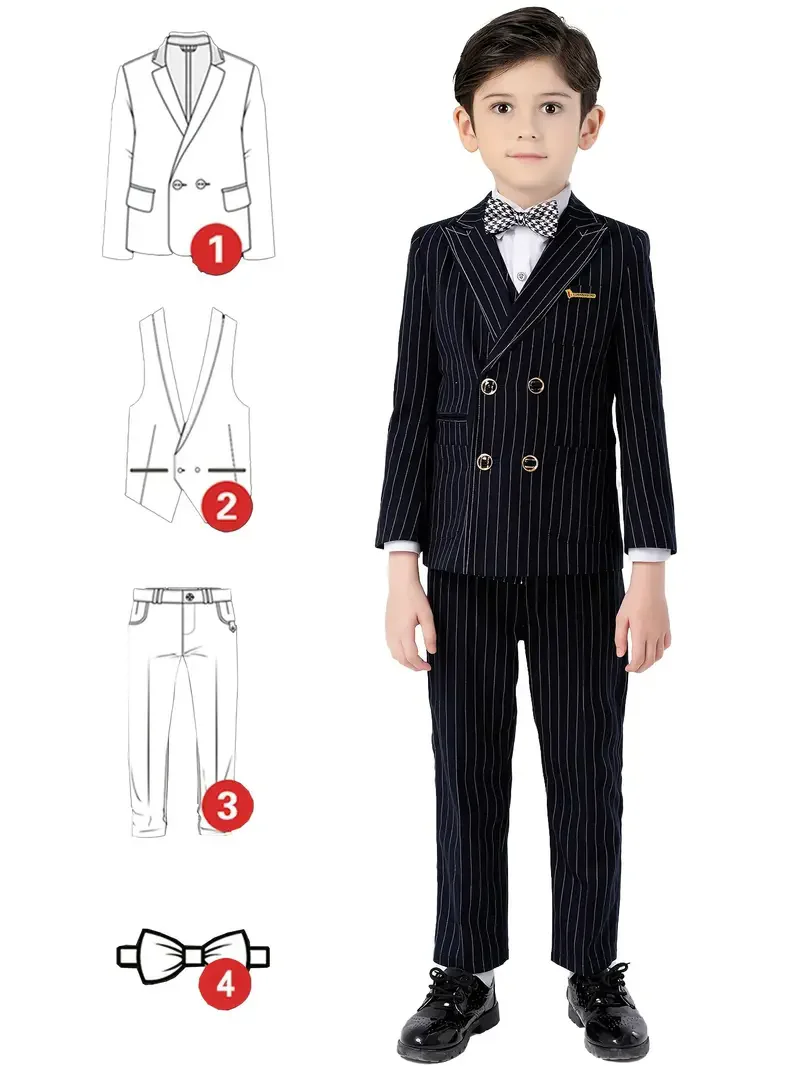 

Flower Boys Jacket Vest Pants Bowtie Brooch 5Pieces Wedding Suit 1-11Years Kids Formal Birthday Host Piano Performance Costume