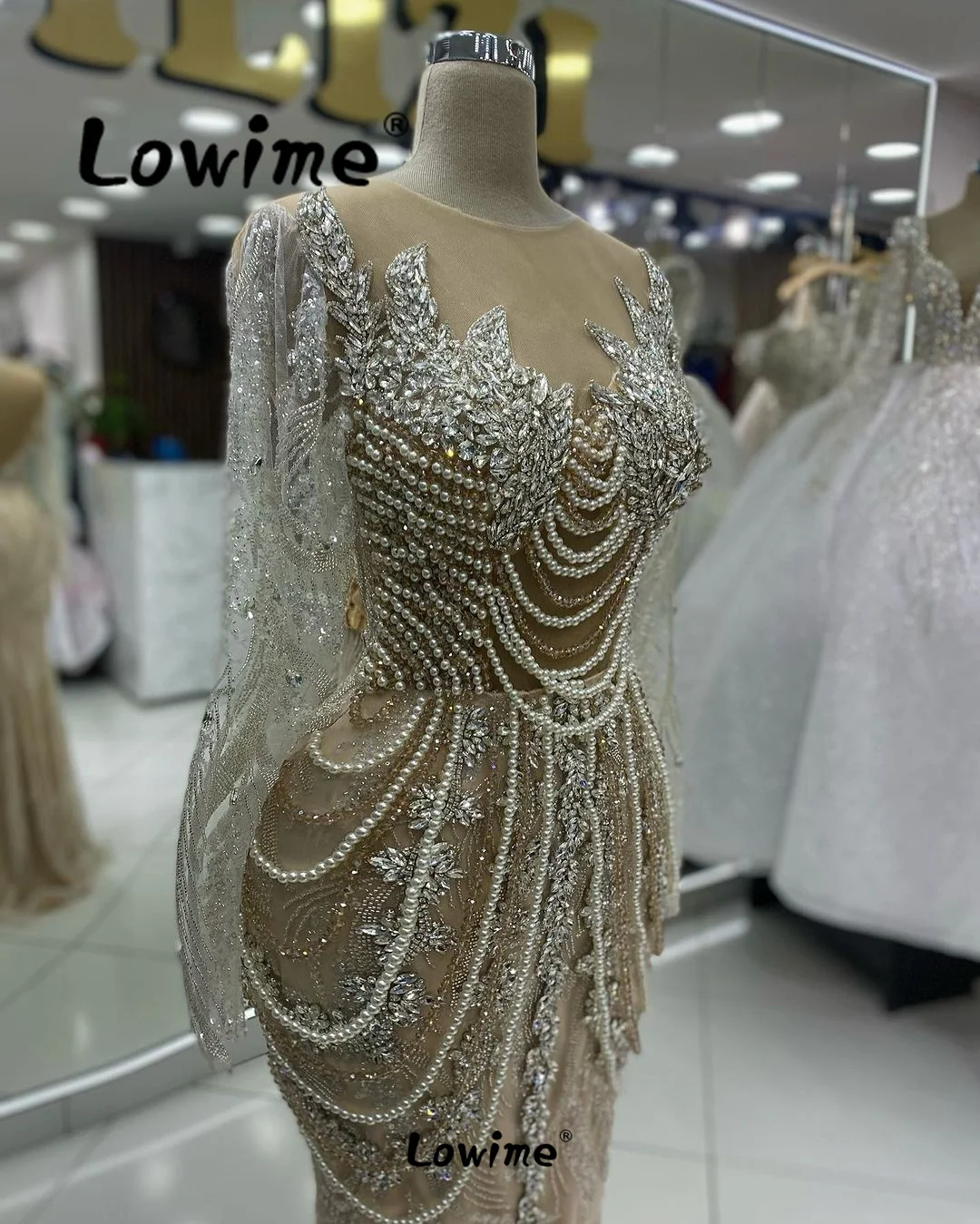 Elegant Champagne Evening Dress Long Sleeves Beading Tassels Crystal Arabic Party Gowns Robe De Soiree 2024 Customize Prom Dress