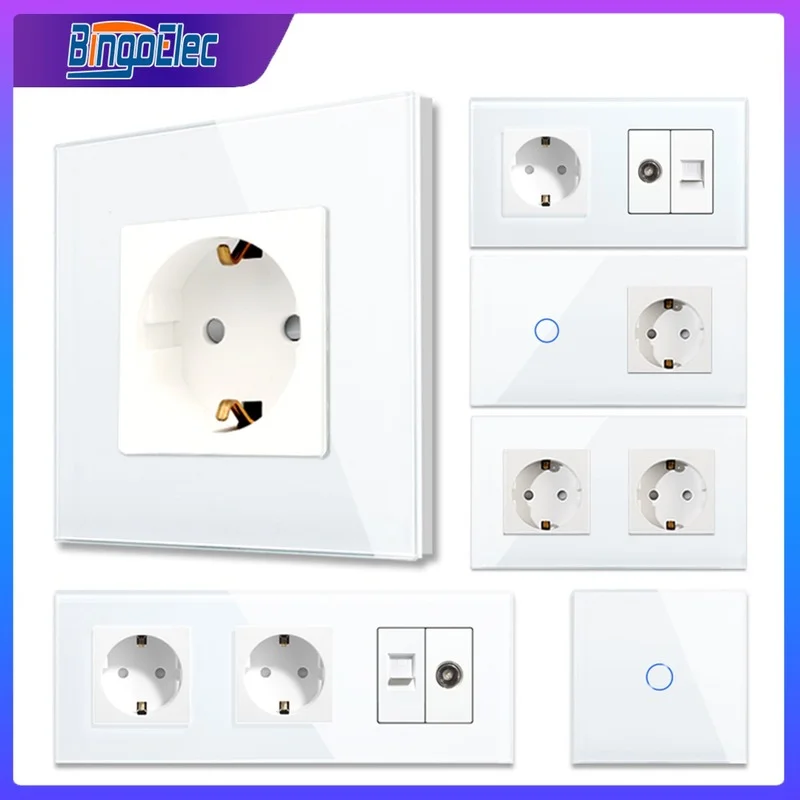 Bingoelec White CAT6 Rj45 Socket Light Touch Switch and Socket Crystal Glass Panel Plug Electrical Outlet for Home Improvemet