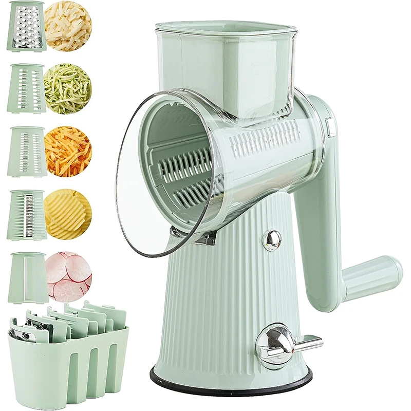 5 in 1 Rotary Cheese Grater with Handle Kitchen Vegetable Cutter Slicer Round Mandoline Drum Slicer with Suction Base JT435
