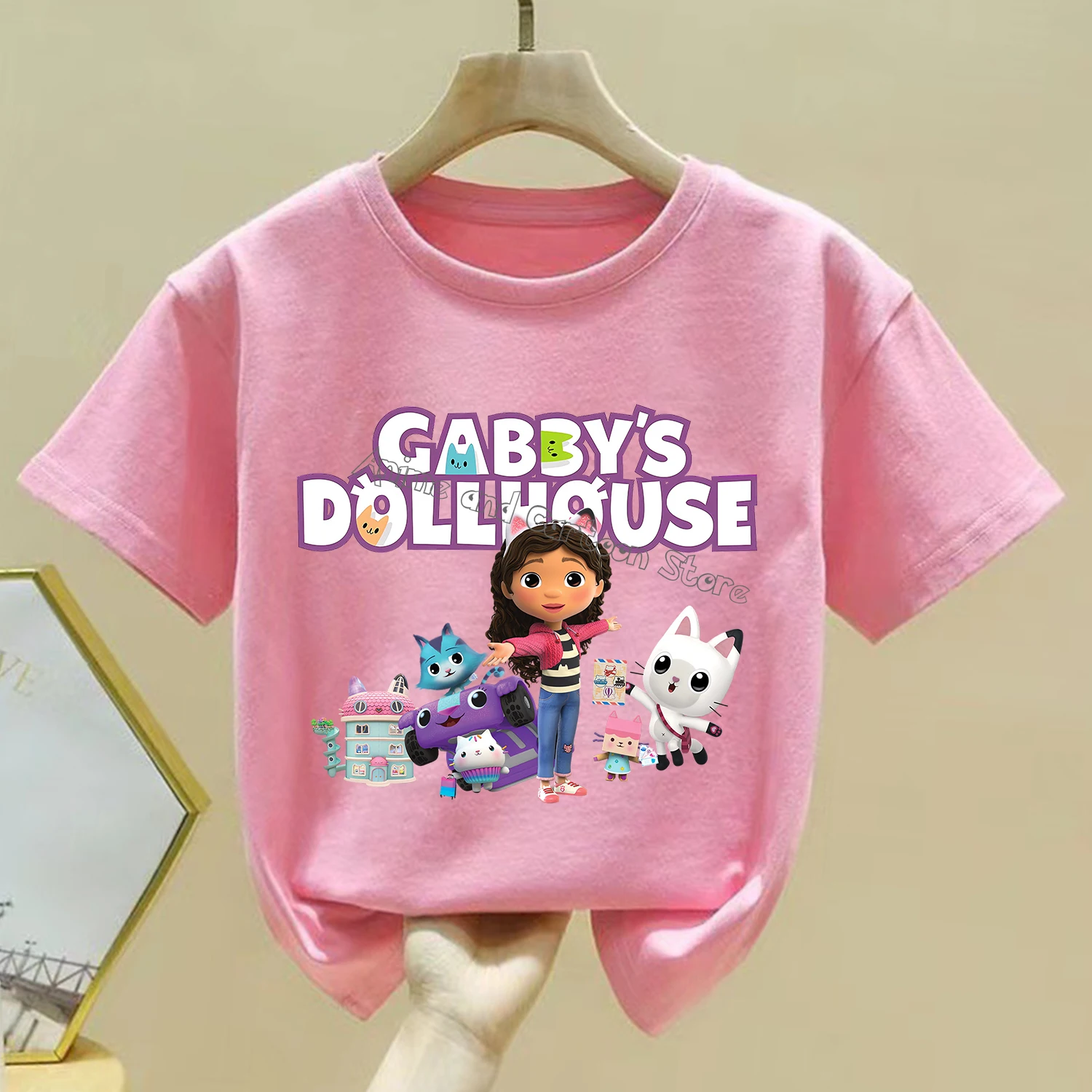 Gabby Dollhouse New T-shirt Children Cute Cartoon Summer Clothes Fashion Girl Pink Short Sleeve Anime Loose Clothing Kid Tee Top