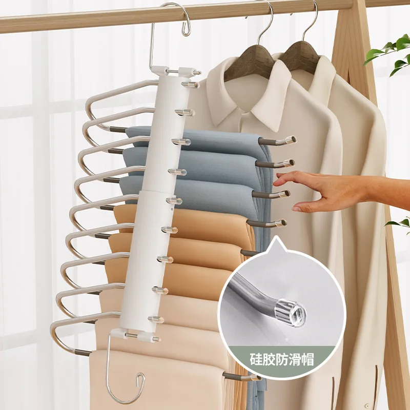 New Cross-Border Amazon Stainless Steel Retractable Folding Pant Rack Magic Seamless Trouser Press Wardrobe Stainless Steel Hang