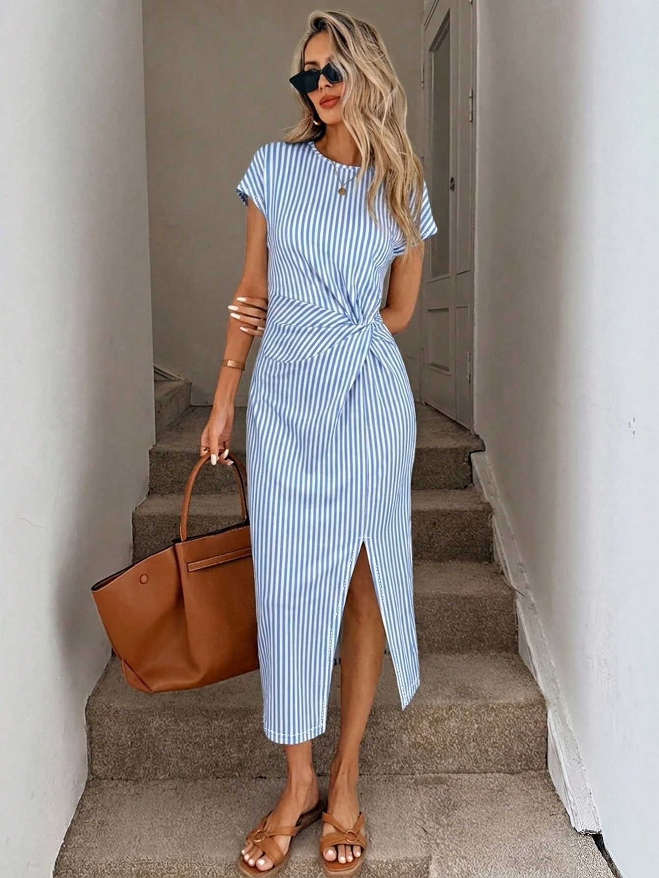 Women's temperament elegant design sense waist twisted round neck cinched waist slit short sleeved dress view 4