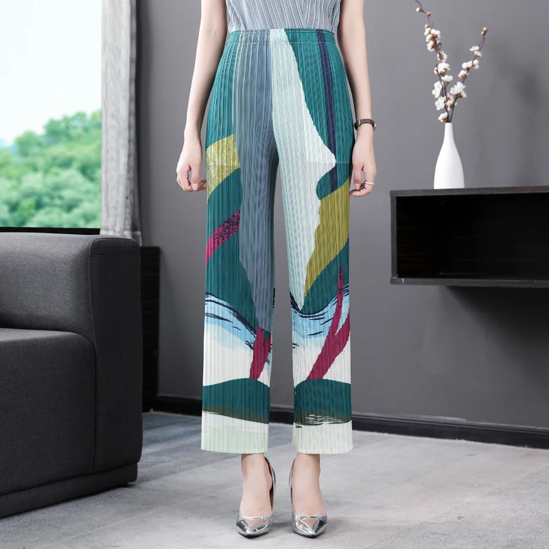 Pantalon plissé haut de gamme pour femmes, amincissant, ample, imprimé Floral, jambe droite, décontracté, coréen, été, 2023