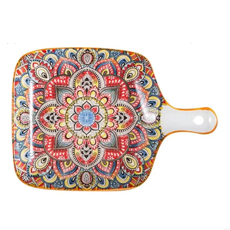 Decorative Tableware Ceramic Serving Dish, Ethnic Underglaze Colorful Floral Pattern Dinnerware Bowl Plate for Home Dining and