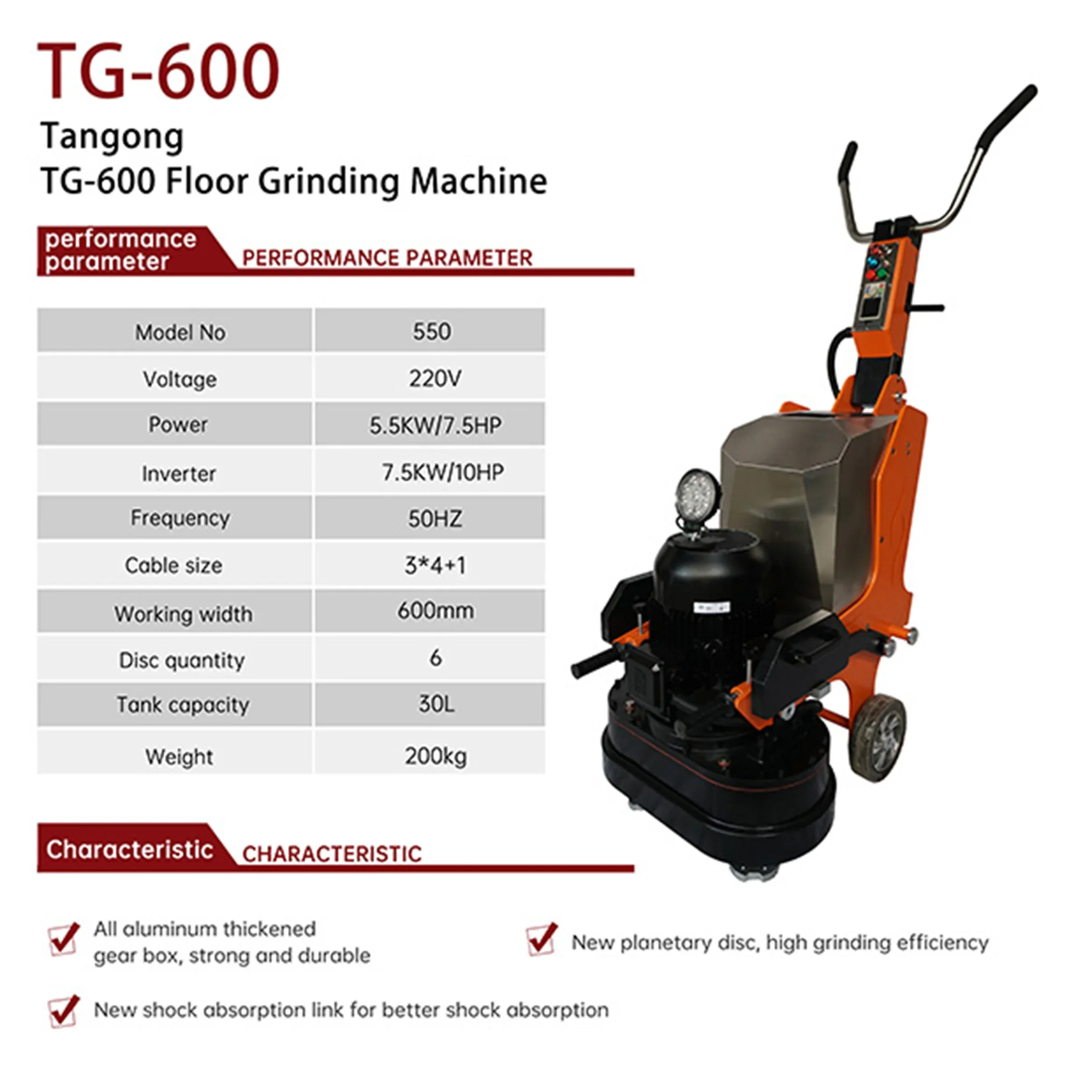 TG600mm 5.5kw 2 Heads Epoxy Garage Floor Grinder Concrete Polishing Grinding Machine