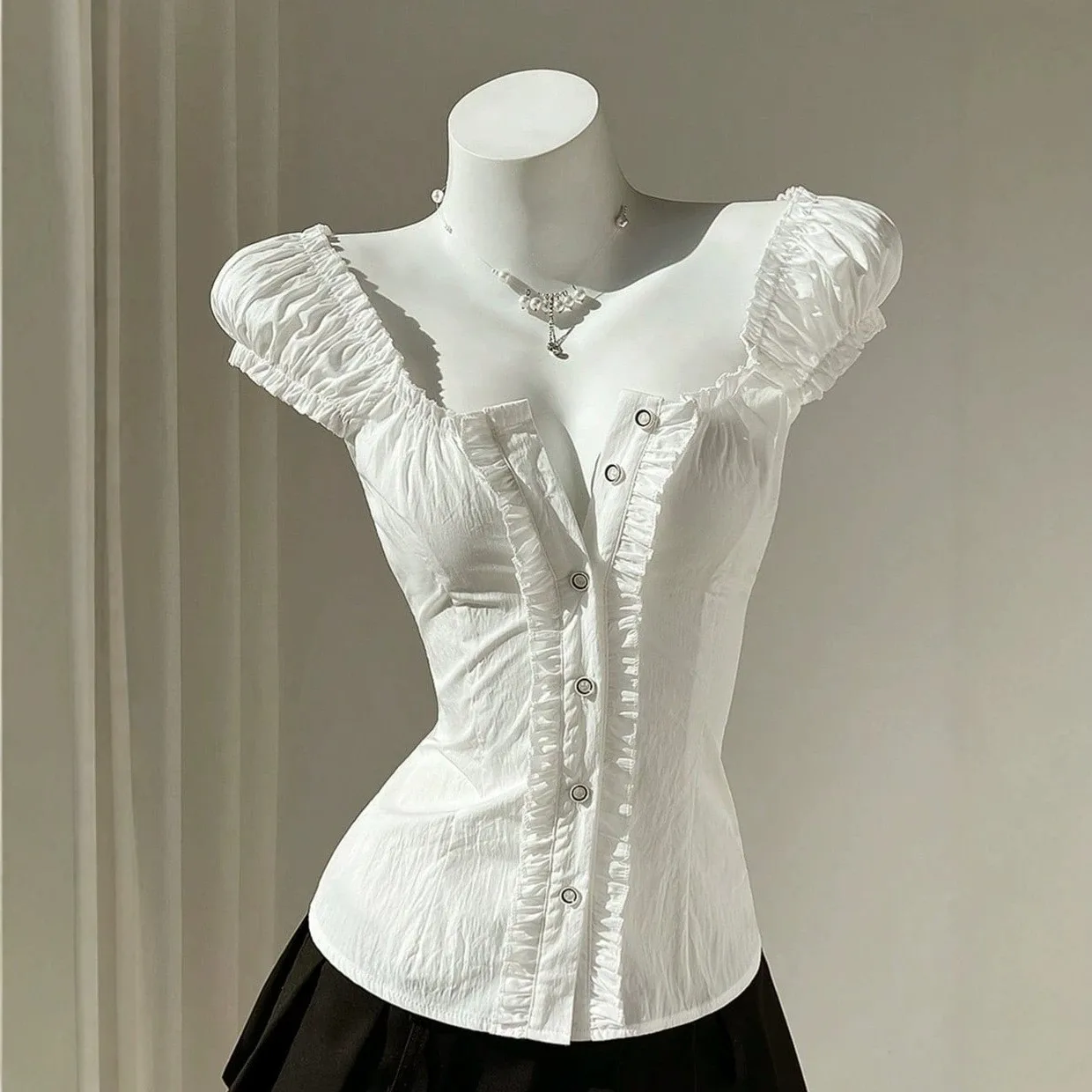 Short Sleeve U Neck Shirt Regular Length European and American Style with Wrinkle Finish Sweet Summer No Stretch Women Shirt