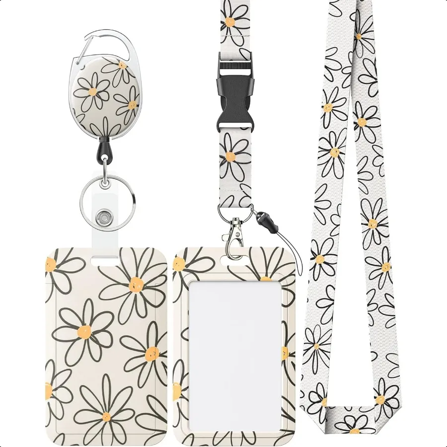 

Floral Sliding Badge Holder White Flower Plastic Case with Retractable Badge Reel Carabiner Clip and Detachable Lanyard Strap F