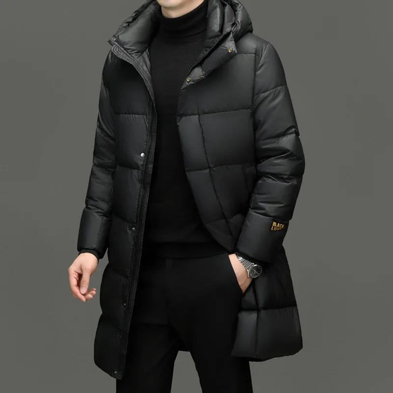 

YEAE Black Gold Long Down Jacket Man Hooded Jackets Designer Clothes Men Duck Down Padding 2024 Winter Jacket for Men Male Coat