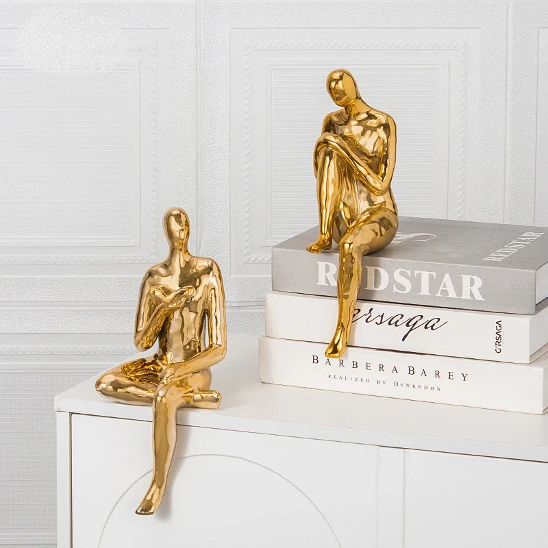 Ceramic Handicraft Golden Man Bookshelf Sculpture Stereo Suspension Decorative Figurines Read Book Man Home Decoration