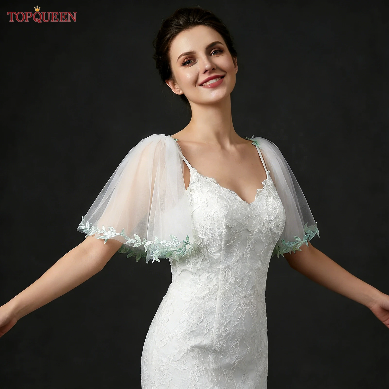 TOPQUEEN Lace Bolero Green Lace Edge Bride Shawls Wedding Accessories Women Arm Covers Detachable Sleeves Customizable Mg68