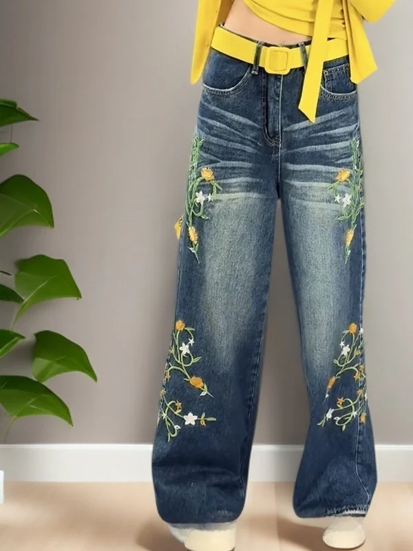 

Ele Embroidered Flower Loose High Waist Jeans Casual Wide Leg ket Multi Spring Blue Color Women's Premium Fas...