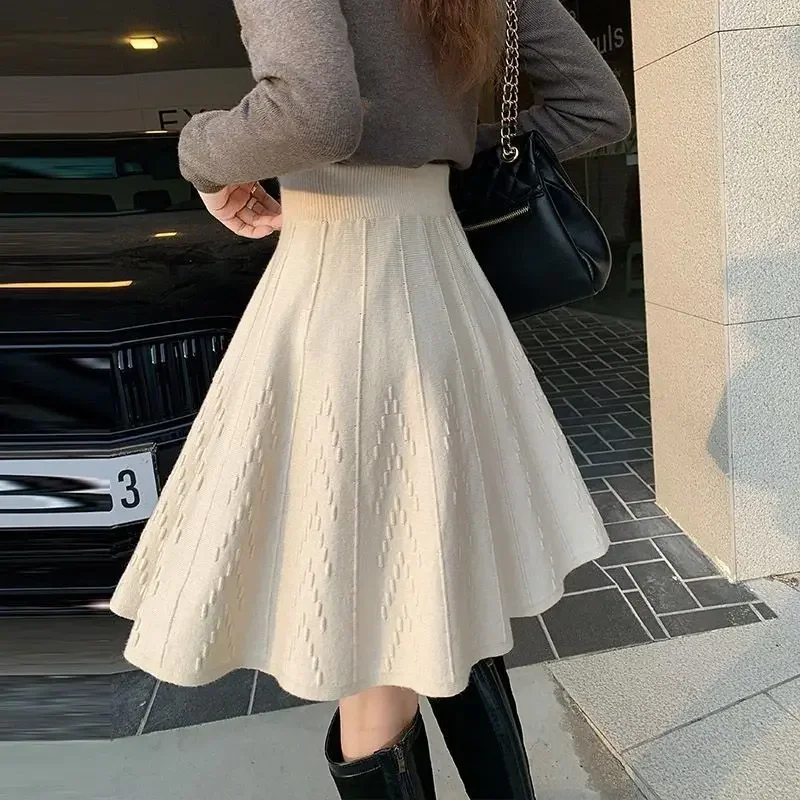 

French Style Sweet Autumn Women's Solid Shirring Elastic High Waist Korean Fashion Office Lady Slim Knittd A-line Pleated Skirt