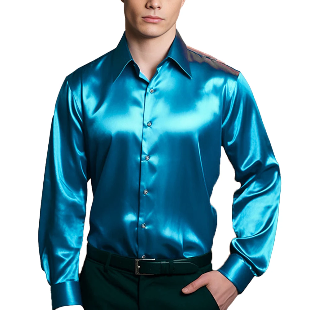 Sexy Men\'s Satin Silk Shirts And Blouses Solid Color Slim Fit Party Long Sleeve Social Shirt Man Clothing