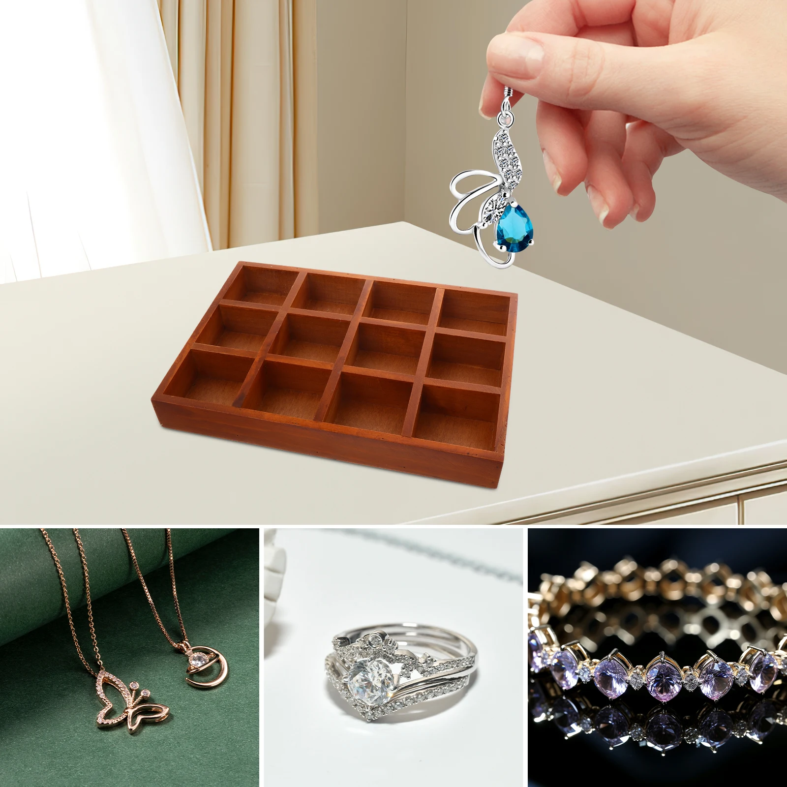 

Wooden Storage Box 12 Compartments Jewelry Makeup Organizer Retro Design Smooth Finish Vintage Decorative Container