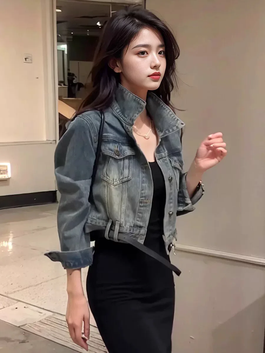 Denim Coats Jacket For Women Womens Spring O-Neck Snap Button Slim-Fit Soft Flare Preppy Style Outcoats Waist-Cinching Patchwork