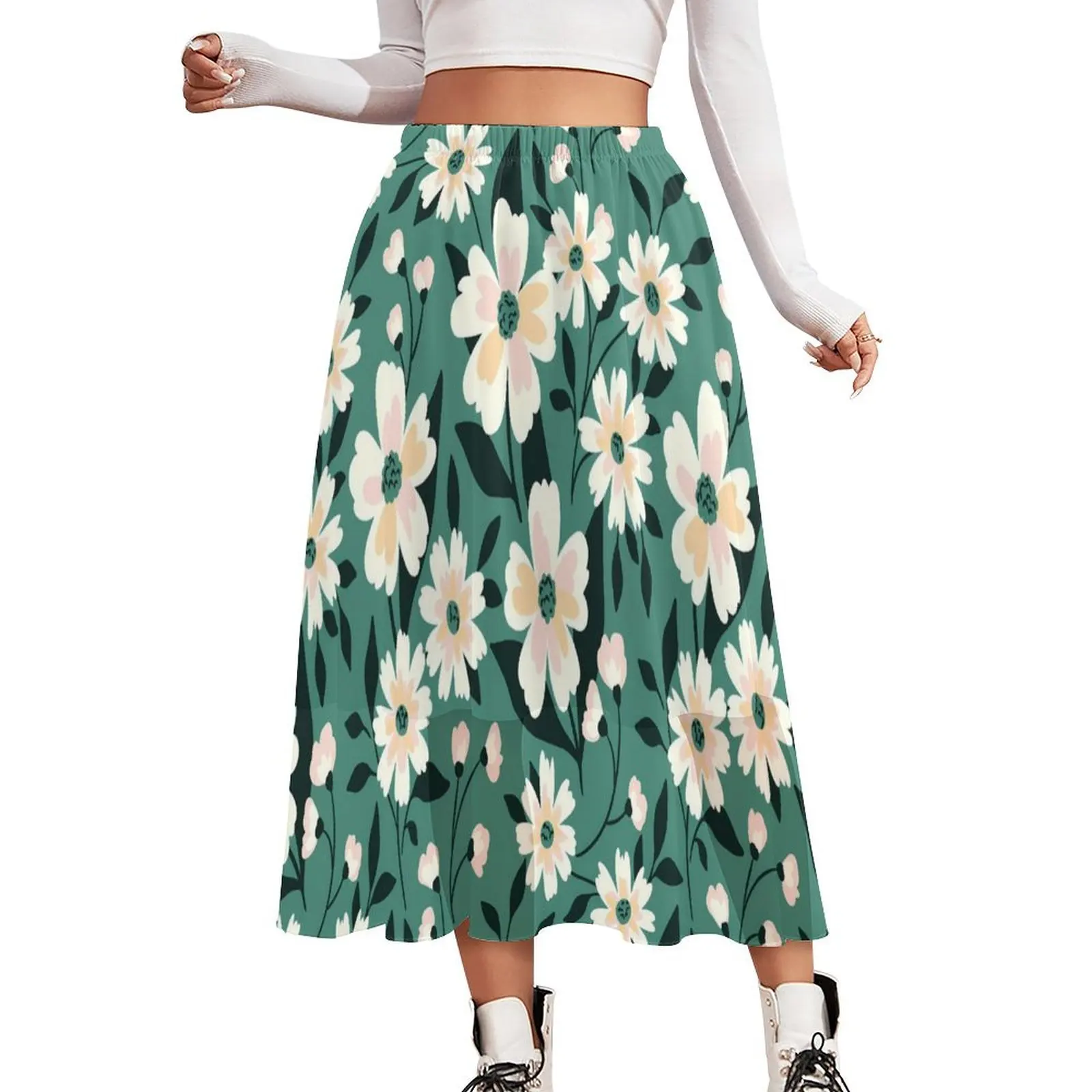 White Daisies Print Skirt Meadow Floral Street Fashion Casual Skirts Cute A-line Skirt Women Custom Oversized Clothes