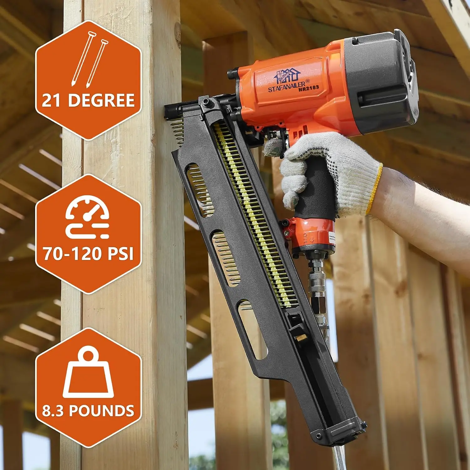21 Degree Pneumatic Framing Nailer, High Speed with Aluminum Magazine, Drives 2 to 3-1/4-Inch Collated Full Head Framing Nails, Ideal for Framing and Wooden House Construction