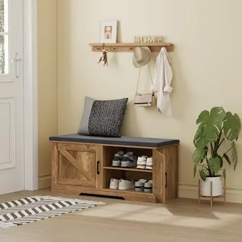 Storage Bench, Shoe Bench with Padded Seat Cushion, Entryway Bench with Barn Doors,Adjustable Shelf Living Room,Bedroom,Greige