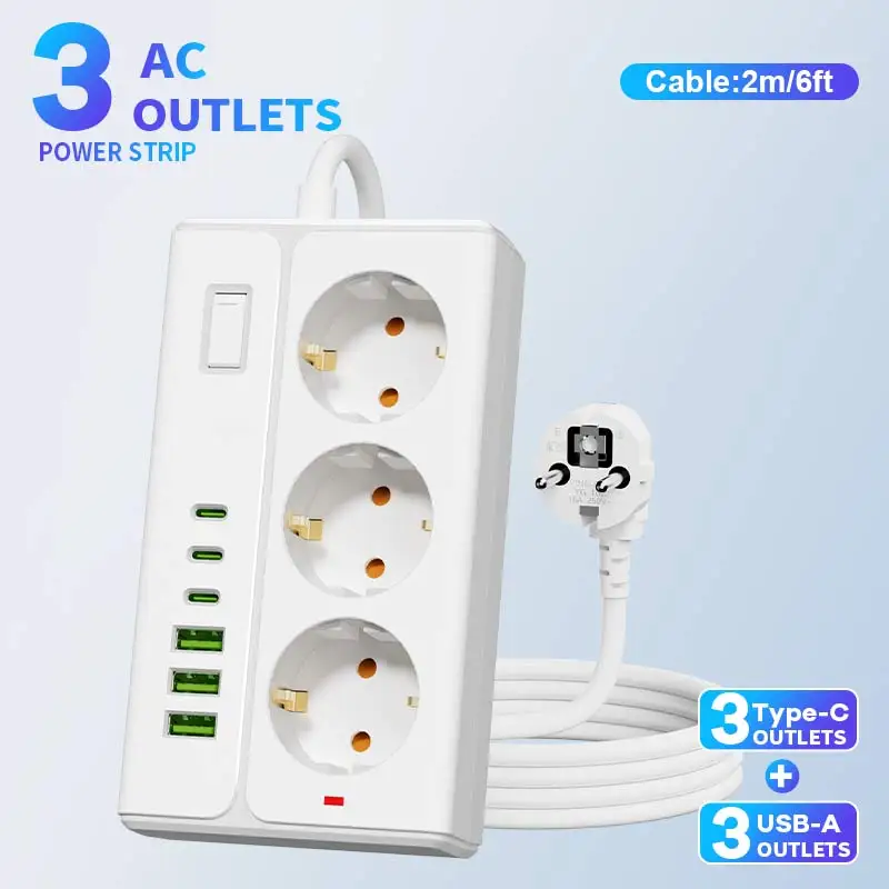2026 New / Latest Model power strip 3 Schuko AC、3USB-A、3 Type-C、2.1A Fast Charging、Max 2500W EU Cube Wall Socket / Plug Extende
