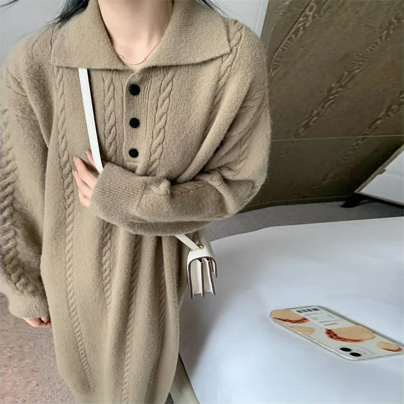 

Dresses Women Long Sleeve Pullover Turn Down Collar Ankle Length Knitted Dresses Y2k Streetwear Loose Button Autumn Casual 2024
