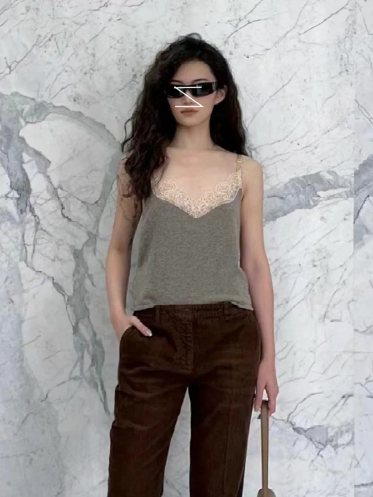 

Сексуальный свободный вязаный свитер-топ с V-образным вырезом, кружевной отделкой и поясом, универсальный, из полиэфирного волокна, женский летний топ