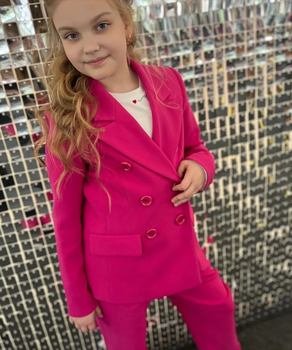 Traje de doble botonadura rosa roja para niña, conjunto de dos piezas de alta calidad, ropa elegante para niños, nueva Boutique