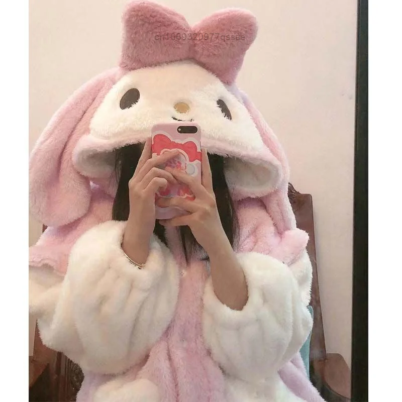 Sanrio My Melody Winter Warm Plush Pajamas Y2k Korean Kawaii Style Sweet Robe Night Wear Student Soft Causal Nightgown For Women