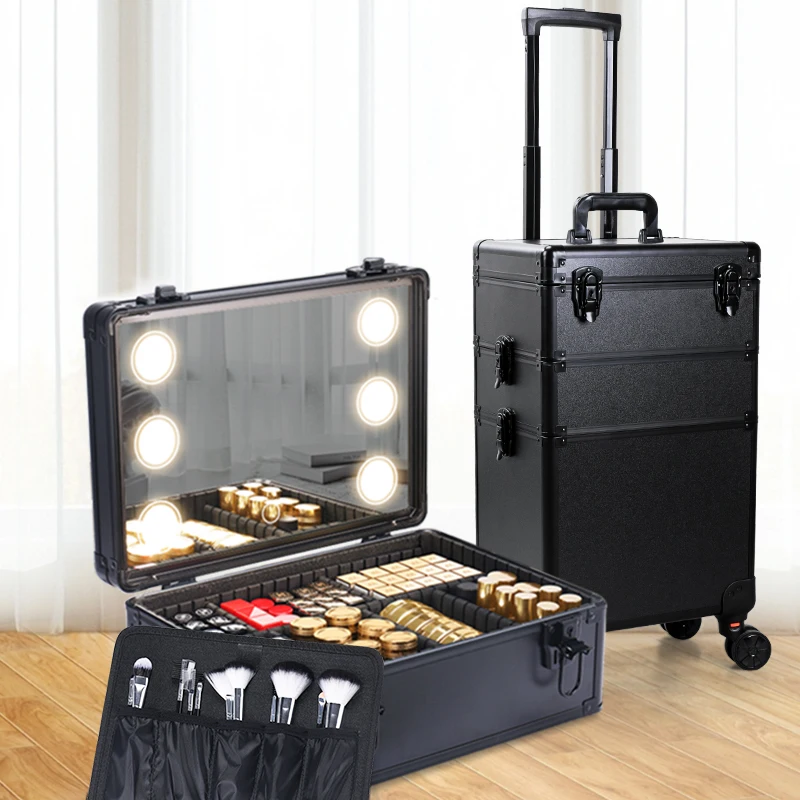 3 in 1 Portable Interchangeable Aluminum Rolling Makeup with led Mirror & Pull Rod - Beauty Tools Organizer