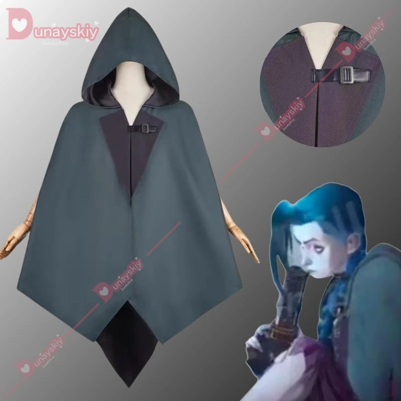 Jinx Cosplay Women Fantasy Green Hooded Cloak Game LOL Costume Female Top Cape Outfits Halloween Carnival Suit Roleplay Cloth