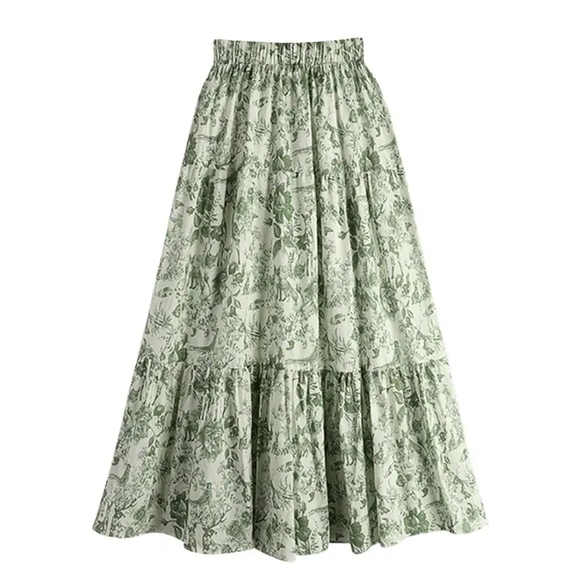 

Autumn Cotton Breathable Skirts Spring Comfortable Green Flower Print Ruffles Skirts Chic Temperament High Waist Retro Vestidos