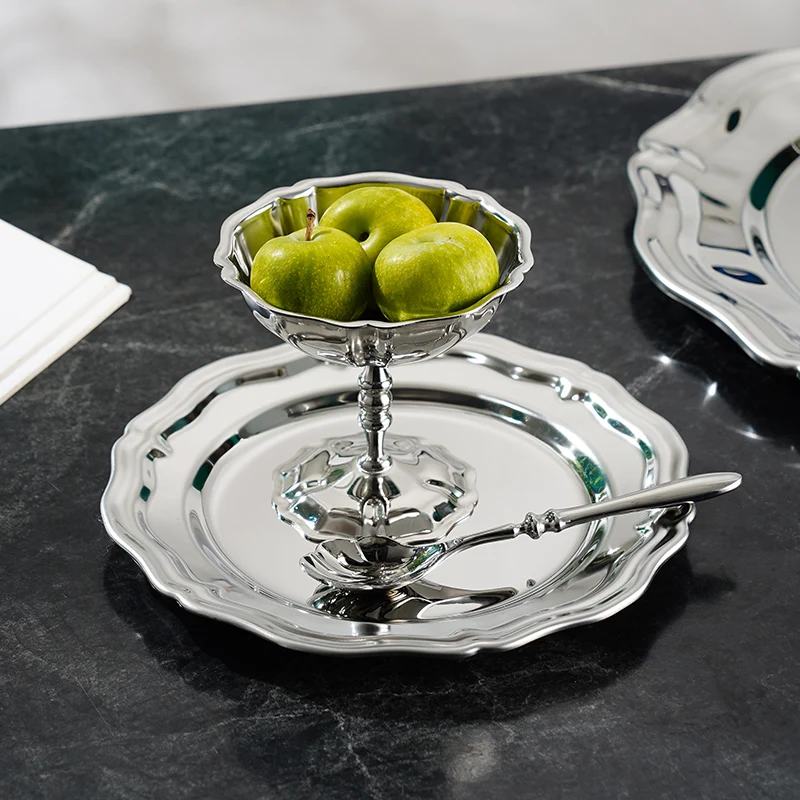 Elegant European Vintage Silver 304 Stainless Steel Tray Cup Mat Jewelry Tray Dessert Plate Polished Finish round Shape