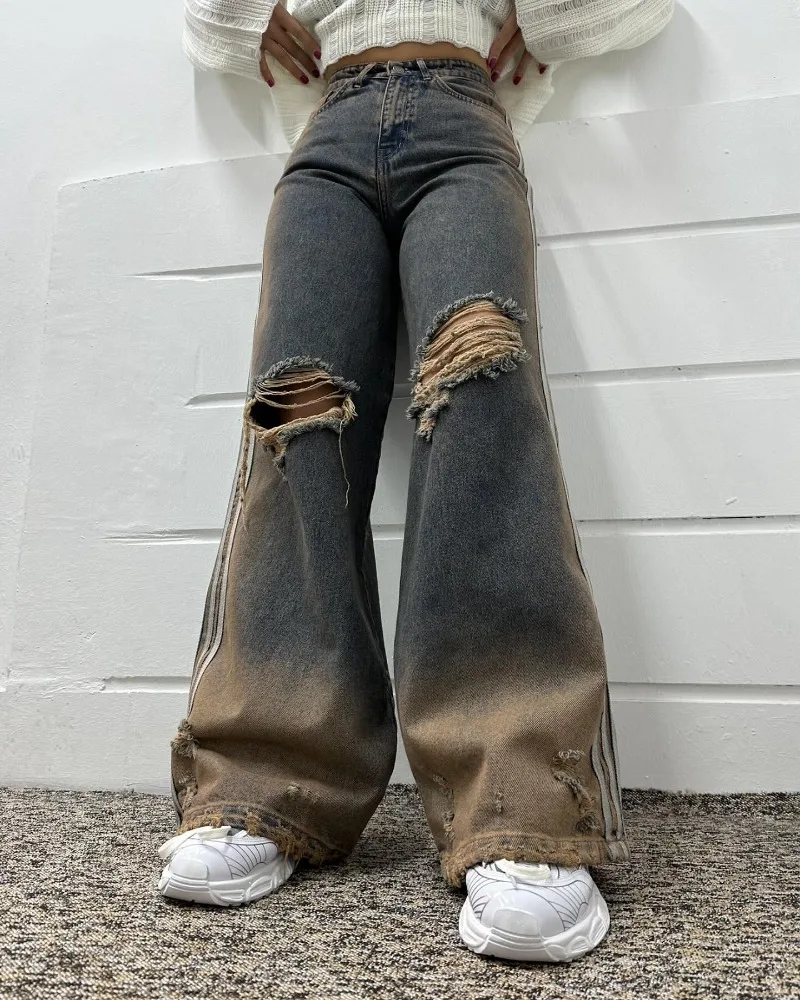 Harajuku New Fashion Washed Old Yellow Hole Baggy Jeans Ladies Y2K Gothic Vintage Hip Hop Pop Casual High Waist Wide Leg Pants