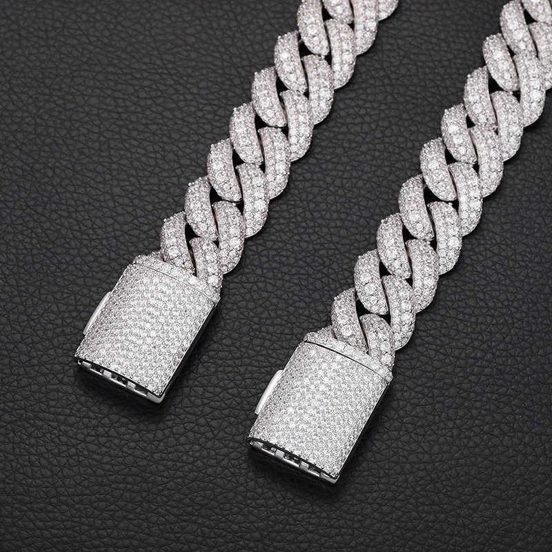 Wuzhou Wholesale Price Custom 19mm Iced Out Cuban Chain with Brilliance Bling Moissanite S925 Silver 3rows Cuban Links Necklace