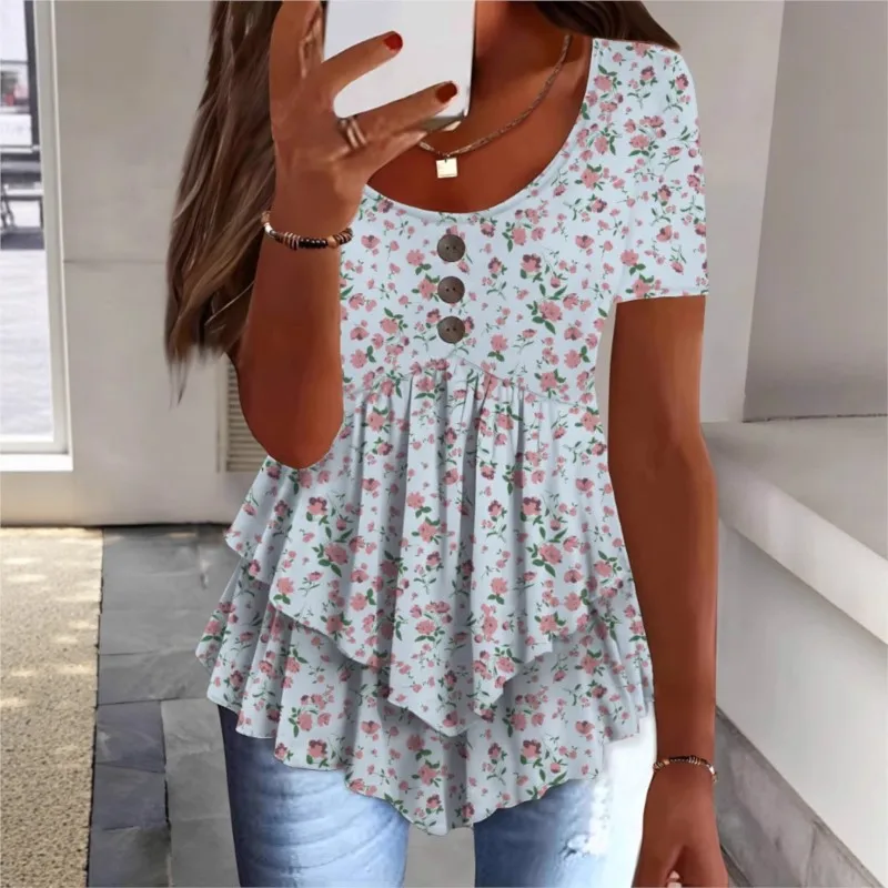

Fashion Flower Irregular Womens Top Casual O Neck Button Short Sleeve Print Ruffles Blouse Lady Elegant Summer Blouse And Tops