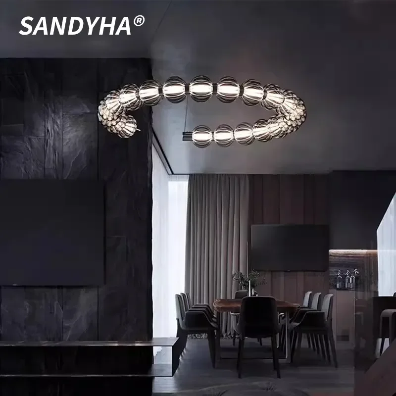 SANDYHA Modern Luxury Ring Chandeliers C-shaped Glass Beads LED Pendant Lamp for Bedroom Living Dining Room Lighting Fixtures