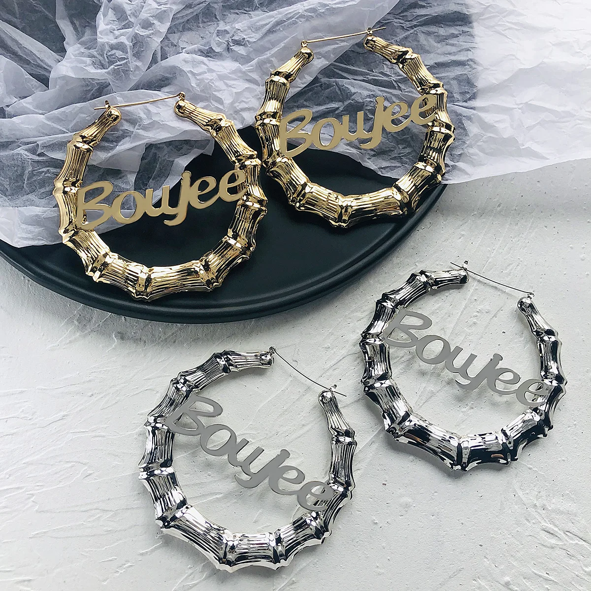 Freetry Personlized Boyee Bamboo Earrings for Women Punk Fashion Gold Color Big Hoop Earrings Hip Hop Statement Jewelry Gifts