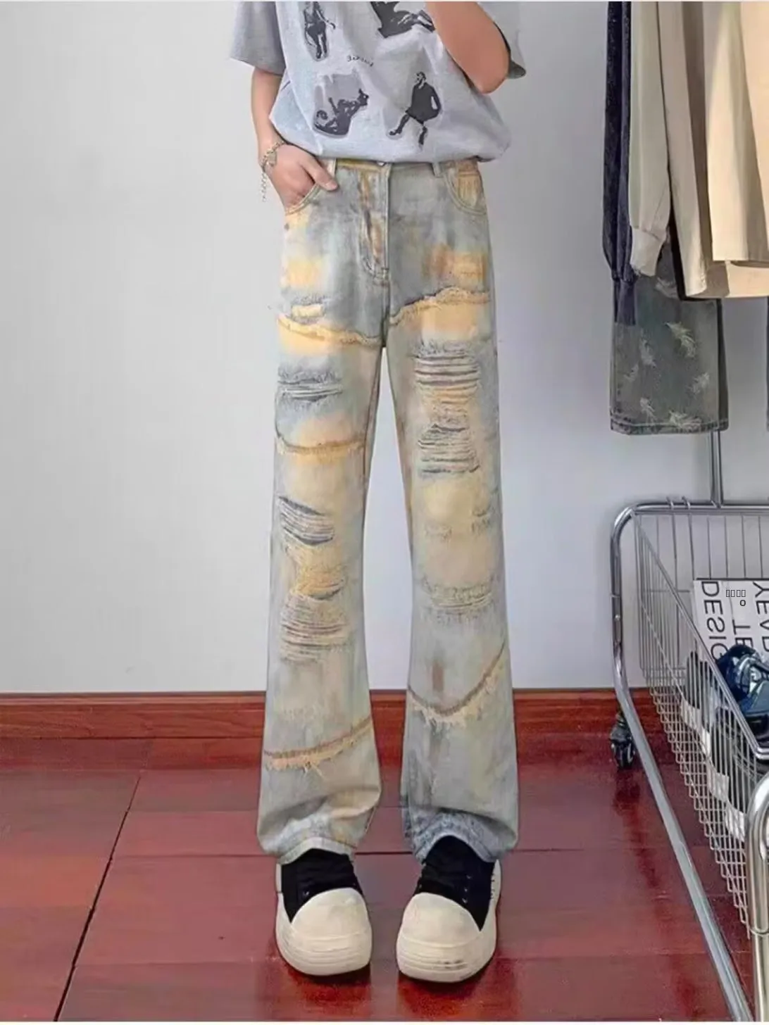 

Джинсы с дырками в стиле ретро, американские джинсы с принтом тай-дай, повседневные прямые джинсы для мужчин и женщин, модный дизайн, джинсы свободного покроя