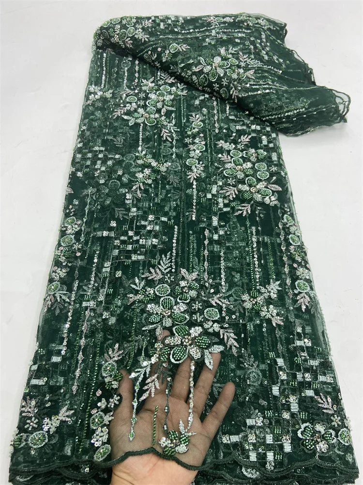 

High -End Luxury Green French Mesh Beaded Lace Fabric African With Sequin Fabric For Wedding Dress