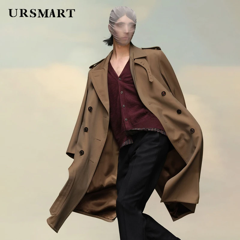 mid length cotton trench coat for men large lapel with double breasted British fashion coffee loose fit men's down jacket for me