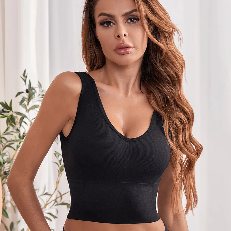 Women's beautiful back high-elastic tank top bra, seamless full-cup bra for young women, can be worn inside or outside, gray