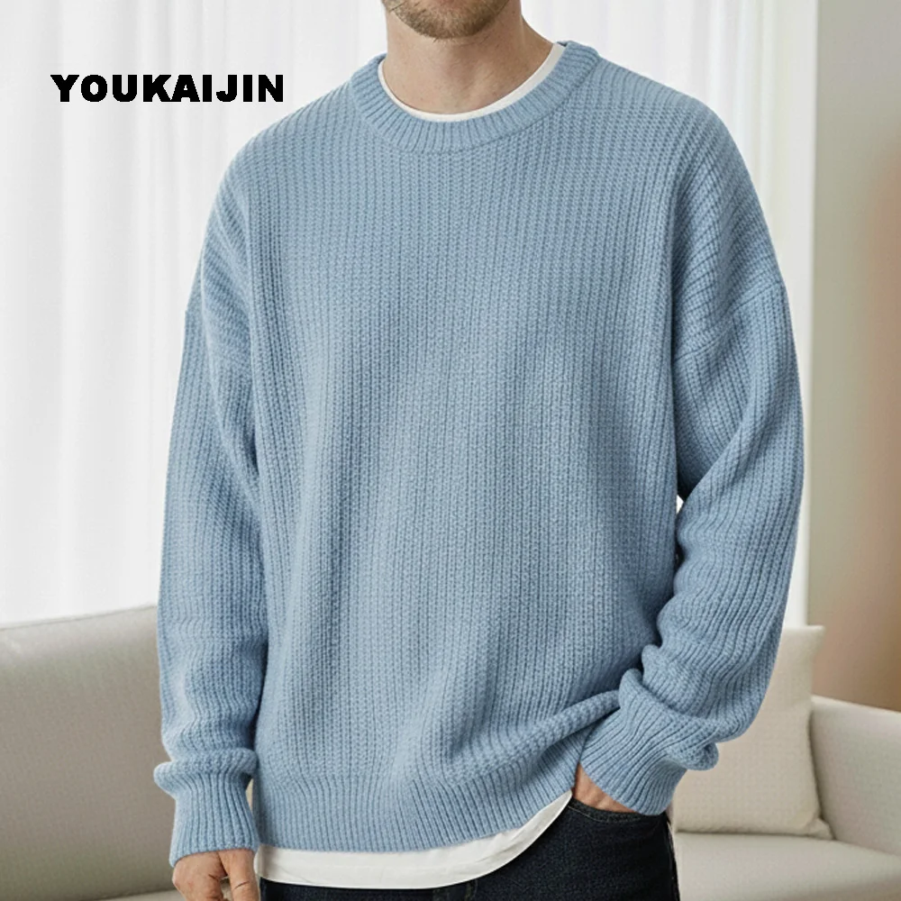 الخريف طاقم الرقبة بلون البلوز البلوزات للرجال عادية سليم صالح محبوك سترة شارع العليا موضة الملابس الكورية