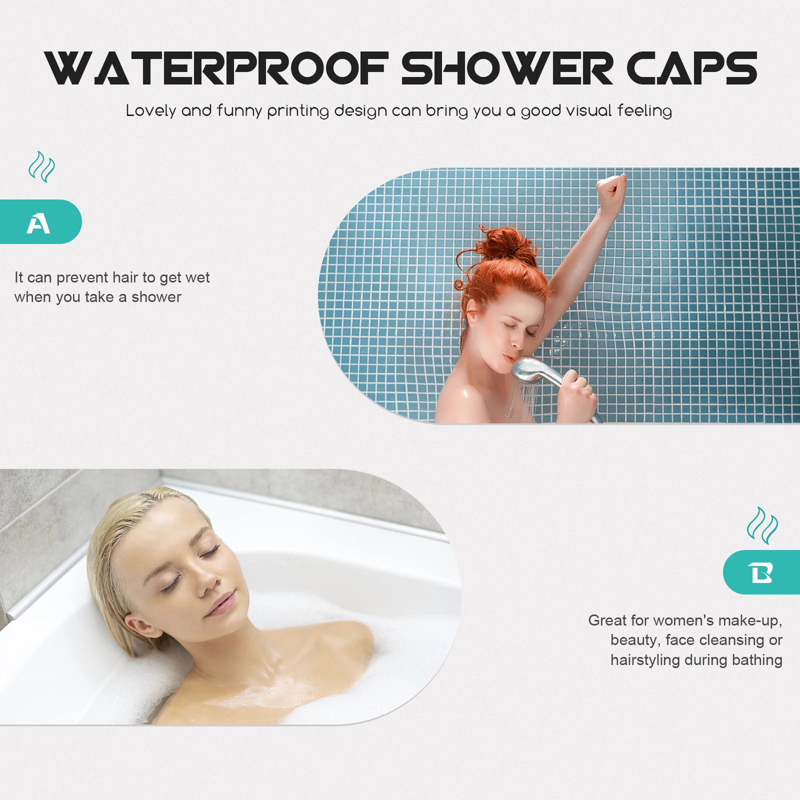

2pcs Waterproof Bath Shower Hats For Women Reusable Hair Caps Elastic Salon Bathing Caps Face Cleansing Durable Polyester Travel