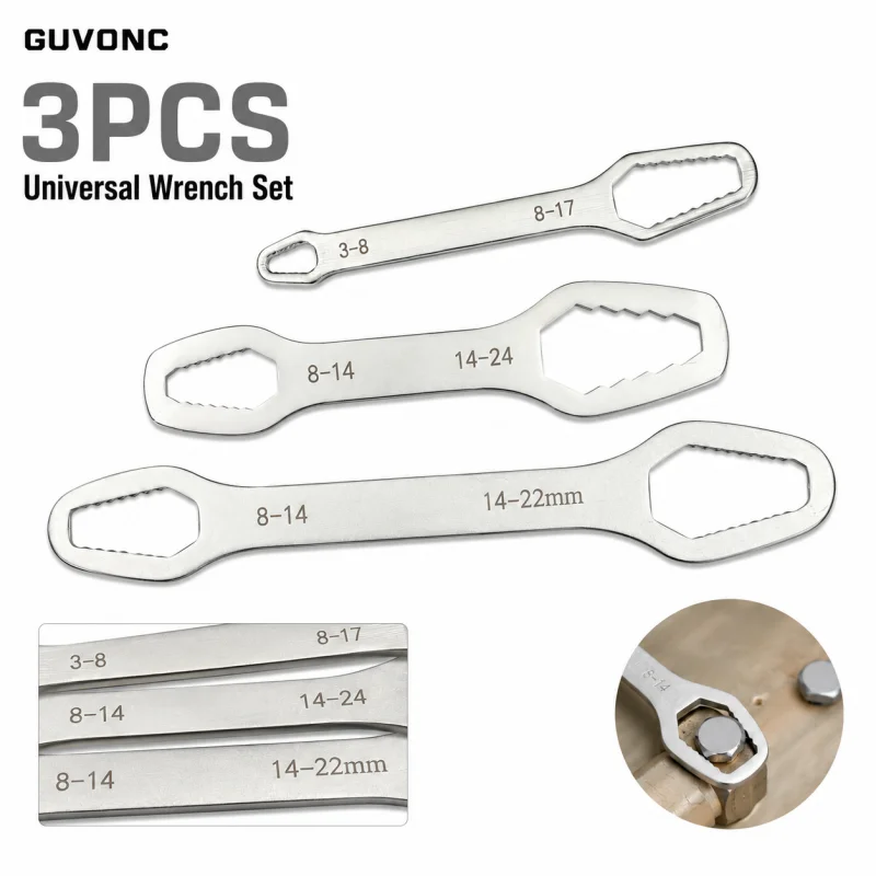 3Pcs Universal Double End Wrench Set 3-24mm Multi-size Self-grip Spanner Stainless Steel Hand Tools for Bicycle Plumbing DIY