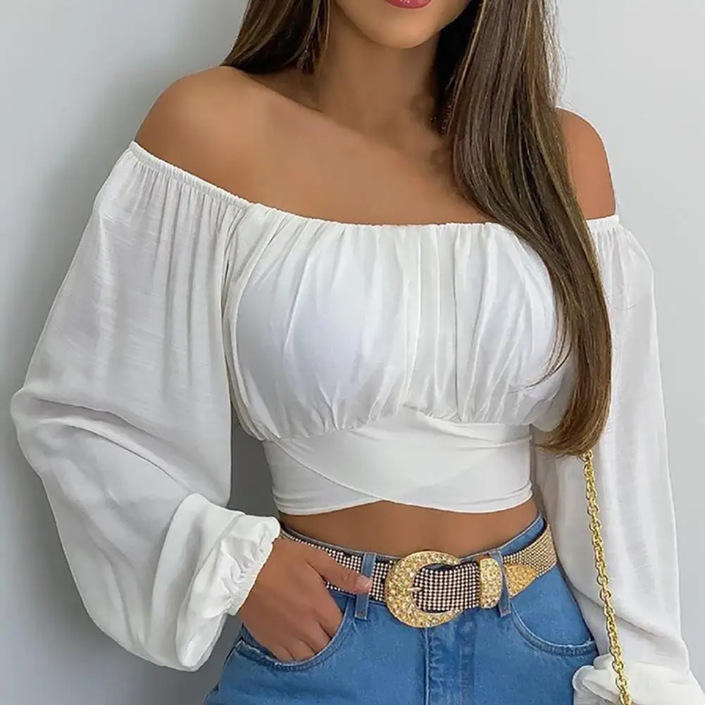 Puff Hülse Blume Drucken Kreuz Strap Crop Tops Frauen Casual Bluse Off Schulter Langarm Shirts Cocktail Party Club Tragen